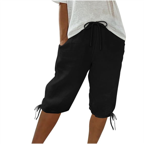 XUNKUSGA Knee Length Shorts Women High Waisted Drawstring Wide Leg Cotton Linen Pants Women Fashion Drawstring Cuffed Palazzo Trousers with Pockets