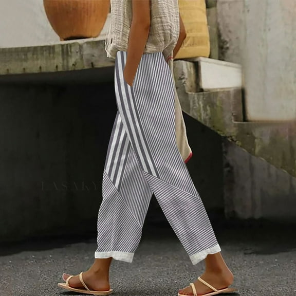 XUNKUSGA Linen Pants Women Casual Straight Leg Capri Pants Fashion Stripe Beach Pants for Women Lightweight Baggy Summer Vacation Womens Trousers with Pockets S-2XL Gray