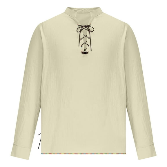 XUNKUSGA Linen Shirts for Men Traditional Retro Long Sleeve Band Stand Collar Mens Shirts Fashion Medieval Viking Pirate Shirts