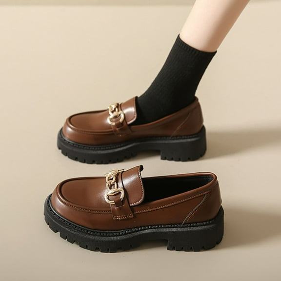 XUNKUSGA Loafers for Women Casual Round Toe Womens Loafers with Chain Comfortable Chunky Slip On Shoes for Women Fashion Business Work Dressy Casual Shoes 5.5-9 Brown