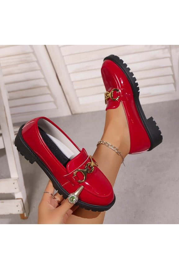 Loafers for Women Classic Slip On Heel Womens Shoes Casual Versatile Round Toe British-Style Fall Shoes Leather Womens Loafers with Buckle Chain 36-43 Red