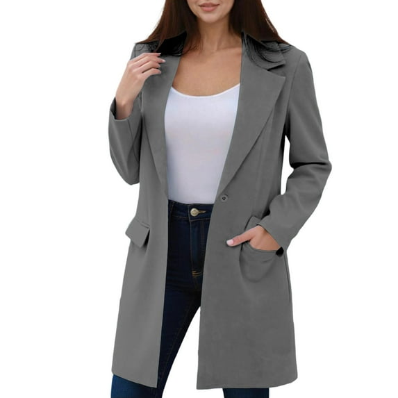 XUNKUSGA Long Blazers for Women Long Lapel Sleeve Womens Blazer Solid Color Loose Fit Casual Blazers Button Front Lightweight Work Office Blazer Jackets S-2XL Gray