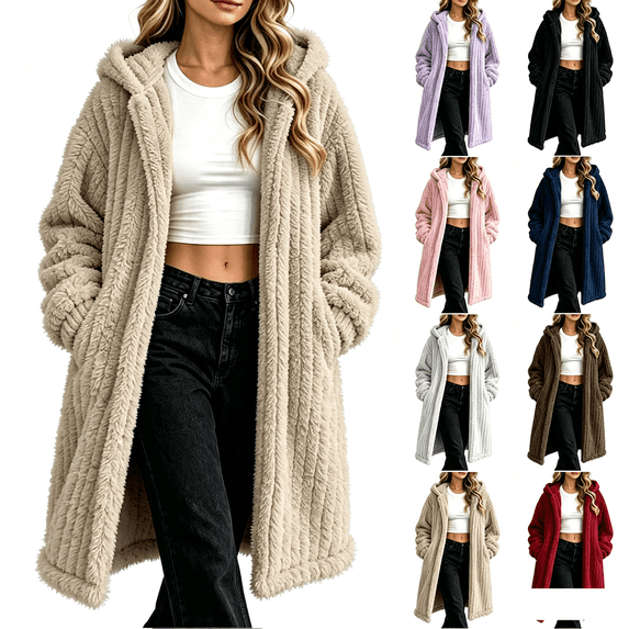 XUNKUSGA Long Cardigan Coat for Women Fuzzy Fleece Open Front Hooded Womens Winter Coats Classic Solid Color Vertical Striped Warm Cozy Casual Outerwear with Pockets Coffee XL