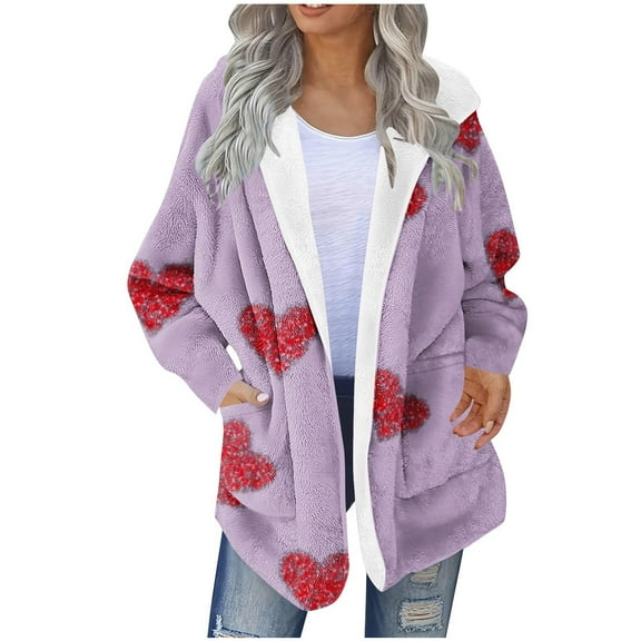 XUNKUSGA Long Cardigan Jacket for Women Fuzzy Fleece Plaid Shacket Jacket with Hood Comfy Fluffy Women's Cardigans Fashion Shoulder Down Cardigan for Women S-2XL Purple