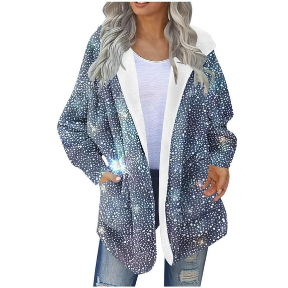 XUNKUSGA Long Cardigan Jacket for Women Fuzzy Fleece Plaid Shacket Jacket with Hood Comfy Fluffy Women's Cardigans Fashion Shoulder Down Cardigan for Women S-2XL Blue
