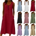 thumbnail image 1 of XUNKUSGA Long Dresses for Women Classic Soild Color Cotton Linen Maxi Dresses Casual Loose Crewneck Sleeveless Button Beach Dress with Pockets,Blue,S, 1 of 6