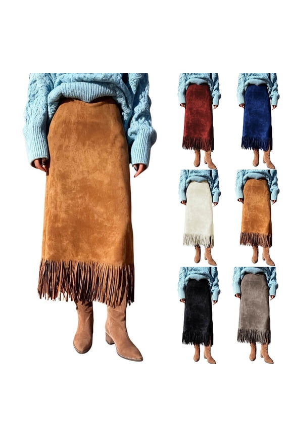 Long Skirts for Women Fashion Boho Faux Suede Maxi Skirt Trendy Casual Country Concert Western Cowgirl Tassel Fringe Hem Skirt for Daily Vacation,Brown