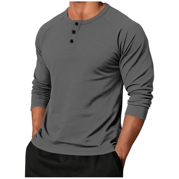 Long Sleeve Shirts for Men Cotton Crewneck 3-Button Pullover Top Fashion Casual Shirts for Men Classic Basic Tops Loose Comfy Lightweight Going Out Tops