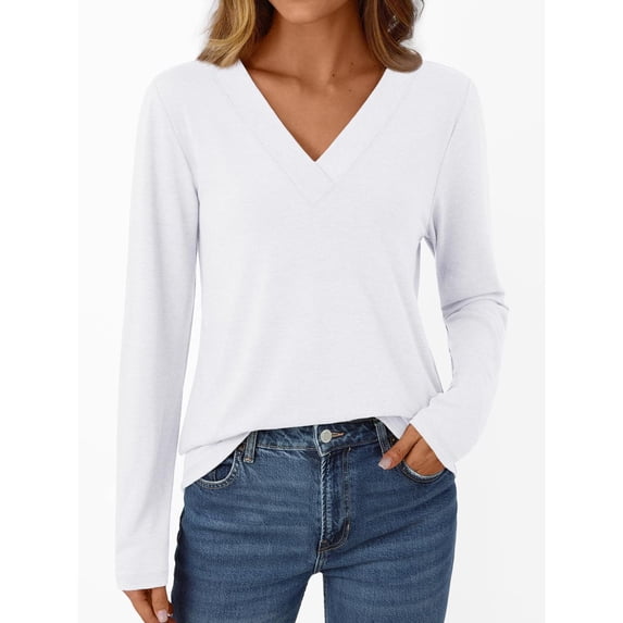 XUNKUSGA Long Sleeve Shirts for Women Fashion V Neck Basic Tees Casual Solid Color Women's Tunic Tops Fall Winter Comfortable Soft Womens Blouses Pullover Top S-2XL White
