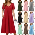 thumbnail image 1 of XUNKUSGA Long Sundresses for Women Classic V Neck Pleated Short Sleeve A Line Dress Lightweight Casual Soild Color Maxi Dress with Pockets for Beach,Red,S, 1 of 6