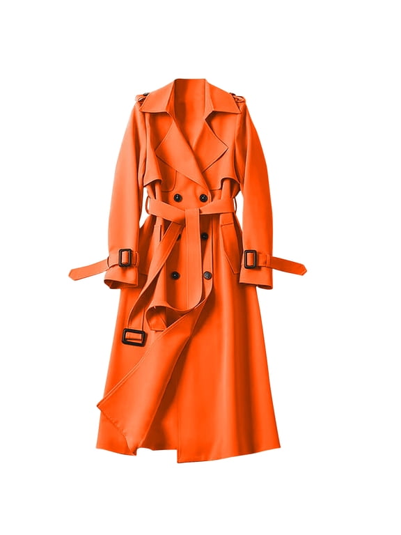Long Trench Coat Women Double Breasted Windproof Coats for Women Classic Lapel Coller Overcoat for Women with Belt Comfortable Casual Winter Clothing for Women S-3XL Orange