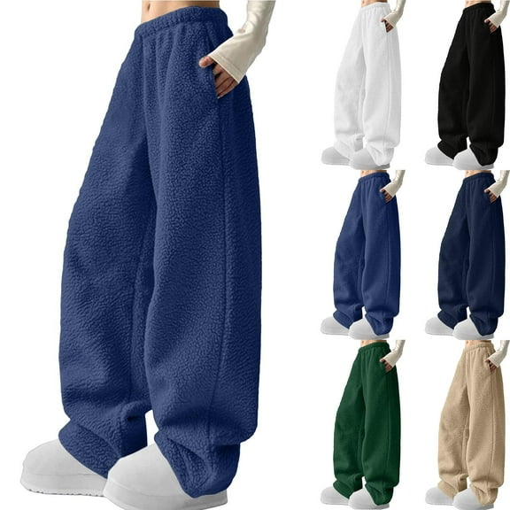 XUNKUSGA Lounge Pants Women Fleece Fuzzy Wide Leg Pants Warm Soft Elastic Waist Pants for Women Plus Size Solid Color Lightweight Pj Bottoms Long Pants S-5XL Black