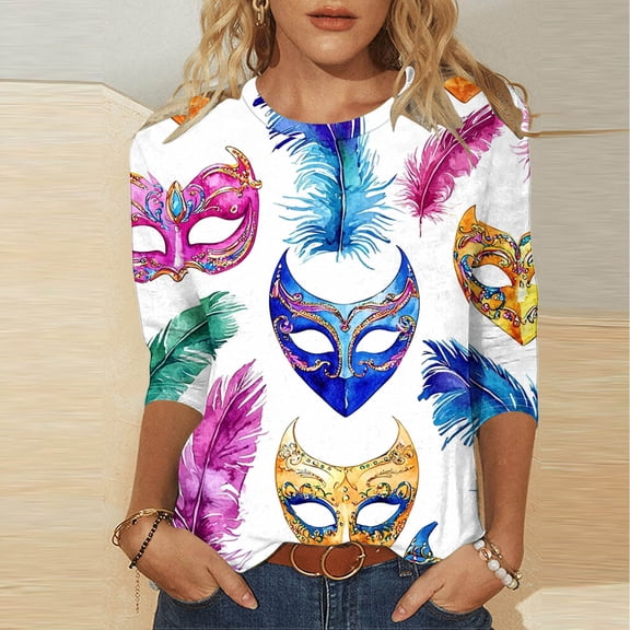XUNKUSGA Mardi Gras Outfit for Women Fashion Carnival Funny Graphic 3/4 Sleeve Tops for Women Casual Crewneck T-Shirts for Women Comfortable Classic Versatile Shirts for Women S-3XL Pink
