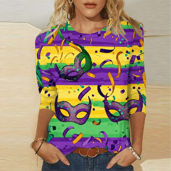 XUNKUSGA Mardi Gras Outfit for Women Fashion Carnival Funny Graphic 3/4 Sleeve Tops for Women Casual Crewneck T-Shirts for Women Comfortable Classic Versatile Shirts for Women S-3XL Yellow