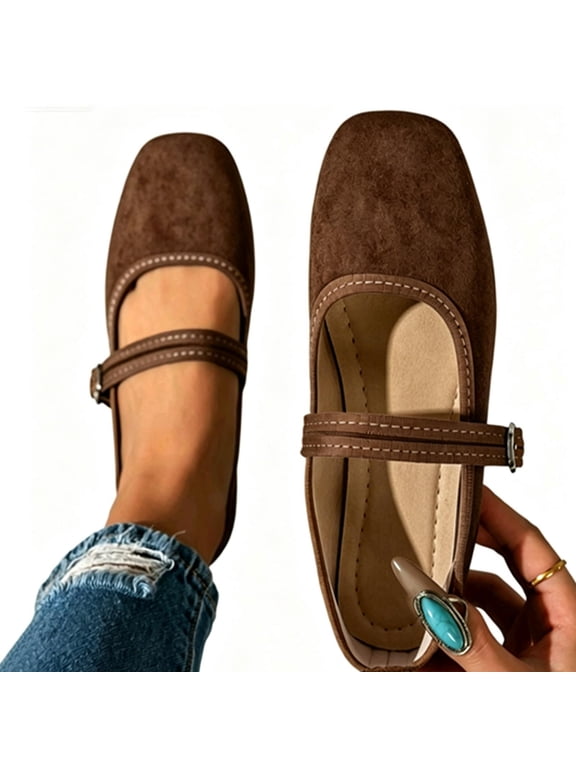 Mary Jane Flats Classic Solid Color Suede Square Toe Slip On Flats for Women with Buckle Strap Comfortable Dress Shoes for Work Casual Daily Wear,Brown,7.5