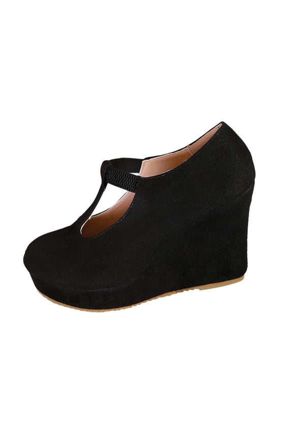 Mary Jane Shoes Women Fashion T-Strap Closed Round Toe Wedges Heels Shoes Classic Soild Color Faux Suede Womens Shoes for Wedding Evening Party,Black,6