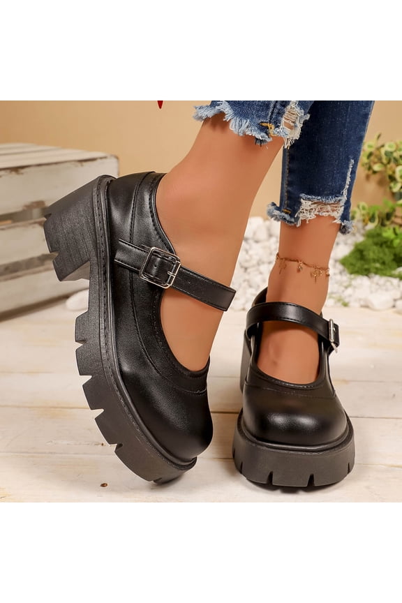 Mary Janes Fashion Oxford Ankle Loafers for Women Classic Vintage Soild Color Round Toe Thick Heel Shoes For Women Trendy Height Boost Dress Shoes,Black,5.5