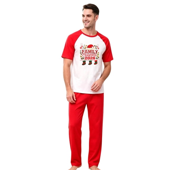 XUNKUSGA Matching Christmas Pajamas Set Classic Print Short Sleeve Top and Long Pants Men's Sleepwear sets Matching Xmas Jammies for Photoshoot Home Lounging,Size Dad:M