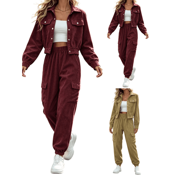 XUNKUSGA Matching Sets Women Clothing Vintage Corduroy Button Down Cropped Jacket and Elastic Waist Cargo Jogger Pants 2 Piece Sets for Women Fashion Fall Winter Outfits Wine 2XL
