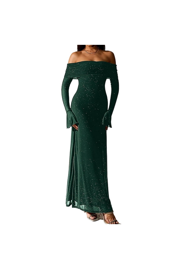 Maxi Dress Fasgion Sequined Off Shoulder Slim Fit Womens Dresses Trumpet Long Sleeve Mesh Ruched Wedding Guest Dress Classic Soild Color Cocktail Dresses for Women Formal Dresses XS-XL Green