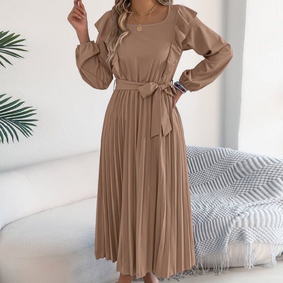 XUNKUSGA Maxi Dress Loose Long Sleeve Smocked Square Neck Womens Casual Dresses Fashion Ruffle Pleated Flowy Women's Dresses Classic Soild Color Church Belted Dresses for Women S-XL Brown