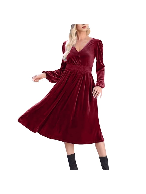 Maxi Dresses for Women 2025 Velvet Long Lantern Sleeve Dresses for Women Wrap V Neck Empire Waist Formal Dresses for Women Fashion Dresses for Women 2025 Elegant Classy