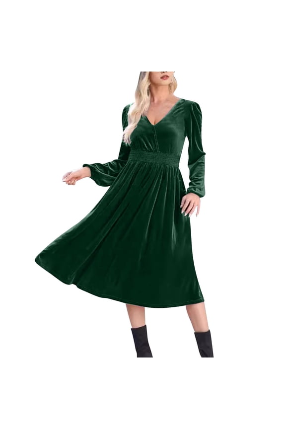 Maxi Dresses for Women 2025 Velvet Long Lantern Sleeve Dresses for Women Wrap V Neck Empire Waist Formal Dresses for Women Fashion Dresses for Women 2025 Elegant Classy