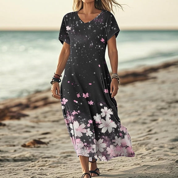XUNKUSGA Maxi Dresses for Women Classic V Neck Short Sleeve Swing Dress Fashion Boho Sundresses for Women Casual a line dresses for Women Holiday Party Dresses for Women with Pockets S-2XL Black