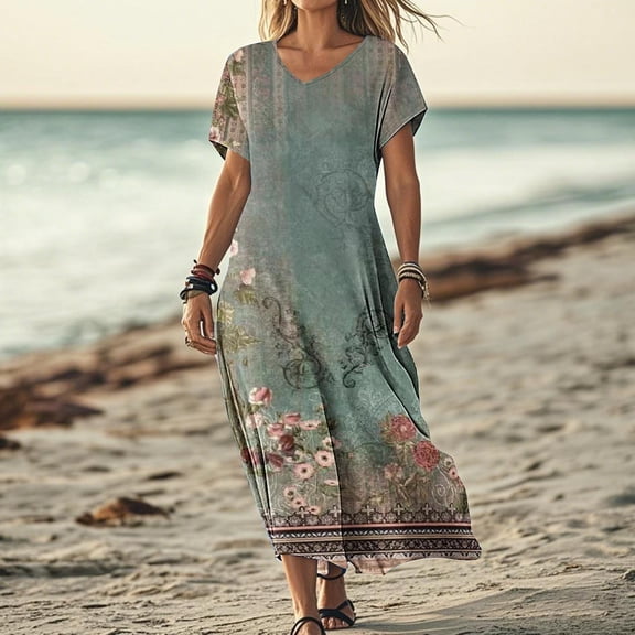XUNKUSGA Maxi Dresses for Women Classic V Neck Short Sleeve Swing Dress Fashion Boho Sundresses for Women Casual a line dresses for Women Holiday Party Dresses for Women with Pockets S-2XL Green
