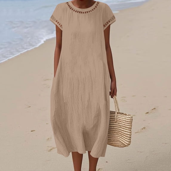 XUNKUSGA Maxi Dresses for Women Fashion Hollow Out Crewneck Short Sleeve Women's Dresses Loose Soft Cotton Linen Wedding Guest Dress with Pockets,Brown,S