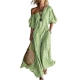 thumbnail image 1 of XUNKUSGA Maxi Dresses for Women Fashion Striped Off Shoulder Puff Short Sleeve Womens Summer Dresses Trendy Wedding Guest Dresses for Women,Green,3XL, 1 of 5