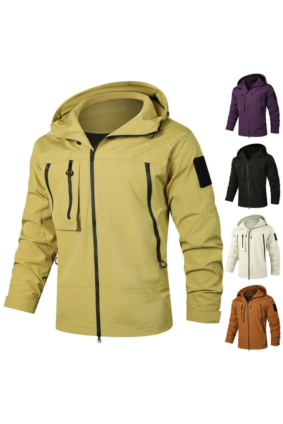 Men Jacket with Hood Soft Shell Waterproof Windbreaker Jacket with Zip Up Pocket Regular Fit Casual Long Sleeve Casual Outerwear for Running Hiking Travel S-3XL Brown