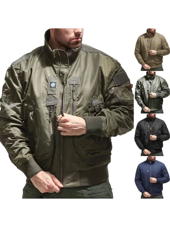 Men Padded Flight Bomber Jacket Windproof Warm Stand Collar Zip Up Military Jackets for Men with Multi Zip Pocket Classic Casual Cold Weather Coat for Men Army Green M