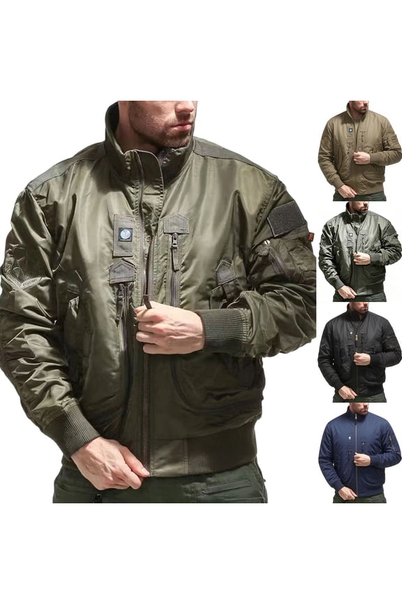 Men Padded Flight Bomber Jacket Windproof Warm Stand Collar Zip Up Military Jackets for Men with Multi Zip Pocket Classic Casual Cold Weather Coat for Men Black S