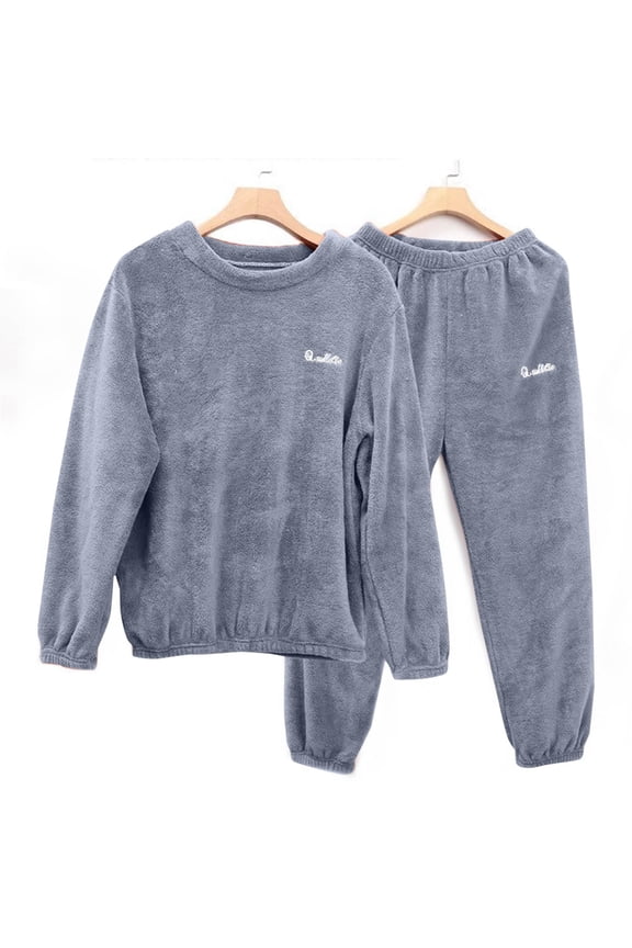 Men Winter Pajamas Set Flannel Fleece Elastic Waist Pants Round Neck Long Sleeve Pullover Tops Sleepwear Set for Men Solid Color Thickened Comfortable 2 Piece Winter Loungewear L-4XL Blue