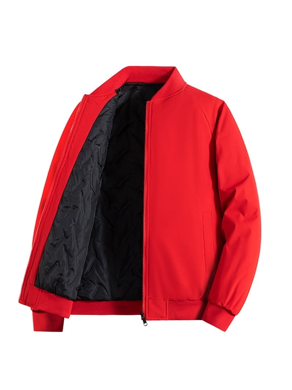 Men's Bomber Jacket Casual Solid Color Long Sleeve Softshell Jacket Men Water Resistant Windbreaker Winter Outwear Warm Cotton Padded Down Jacket M-4XL Red