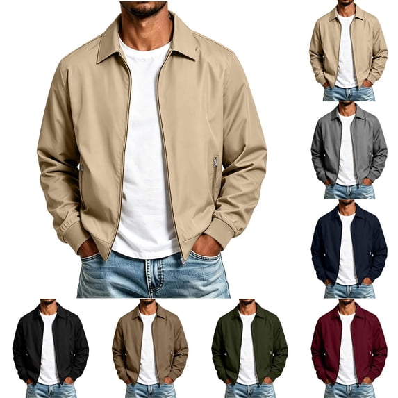 XUNKUSGA Men's Lightweight Jackets Classic Solid Color Collared Zip Up Jackets for Men Casual Long Sleeve Ribbed Cuff windbreaker jacket Golf Windproof Coat with Zipper Pockets Beige S