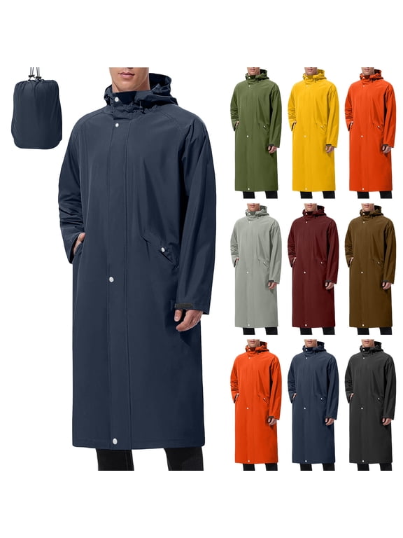 Men's Long Rain Jacket Lightweight Packable Rain Coat Full Zip Closure Hooded Trench Jacket Solid Color Long Sleeve Waterproof Jacket S-3XL Blue