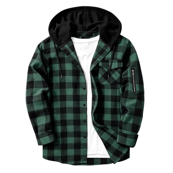 XUNKUSGA Men's Plaid Shirts Jacket with Hood Casual Long Sleeve Button Down Mens Flannel Hoodie Shirts Soft Cotton Hoodies for Men with Flat Pockets,S