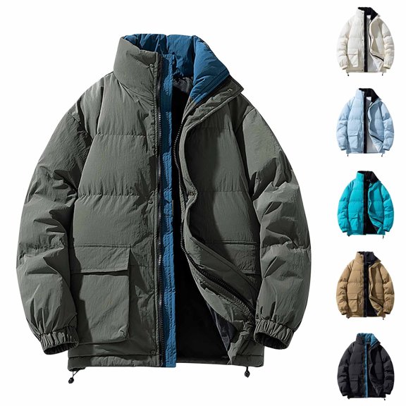 MenPuffer Jacket Thickened Warm Winter Coat Simple Style Stand Collar Ski Jacket Color Block Zip Up Down Coat Bubble Coat