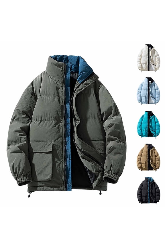 Men's Puffer Jacket Thickened Warm Winter Coat Simple Style Stand Collar Ski Jacket Color Block Zip Up Down Coat Bubble Coat S-4XL Blue