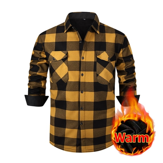 XUNKUSGA Men's Shirts Soft Fleece Warm Shirt for Men Fashion Plaid Long Sleeve Button Down Shirt Jacket for Men with Pockets Warm Outdoor Casual Fall Coats S-3XL Yellow