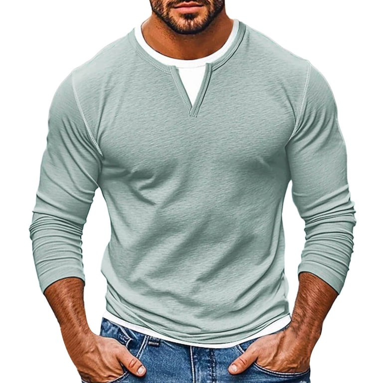 XUNKUSGA Mens Autumn Round Neck Imitation 2 Piece Long Sleeve T
