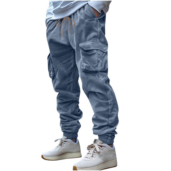XUNKUSGA Mens Cargo Pants Solid Color Corduroy Joggers Hiking Pants Casual Baggy Cinch Bottom Mens Sweatpants Heavyweight Dstring Elastic Pants for Men with Pockets S-3XL Blue