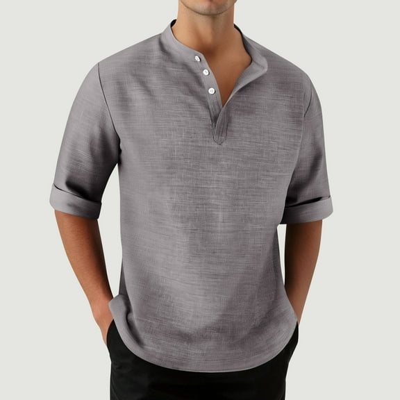 XUNKUSGA Mens Cotton Linen Casual Three-Quarter Sleeves Band Collar Shirts for Men Fashion Hawaii Hippie Button Down Shirt