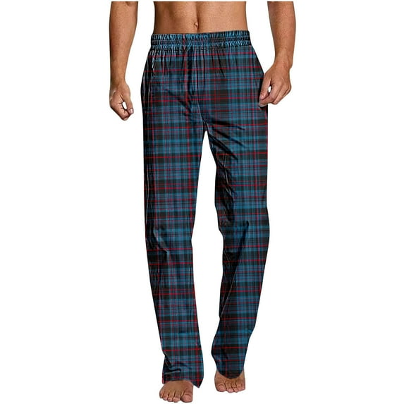 XUNKUSGA Mens Pajama Pants Fashion Plaid Pj Bottom Comfy Casual Men's Pants Loose Straight Leg Bottom Trousers Soft Cotton Men's Sleepwear S-2XL Blue