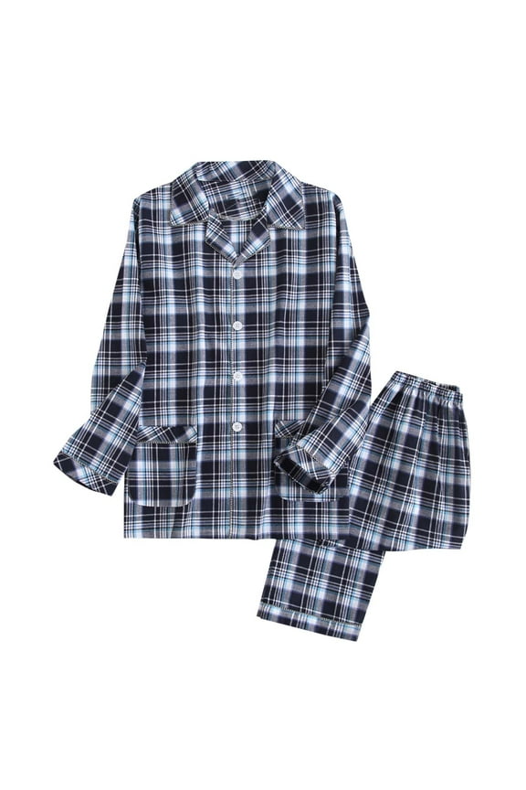 Mens Pajamas Sets 2 Pack Set Cotton Plaid Fall Pjs Long Sleeve Shirt Long Pants Pajama Set Soft Comfy Men's Sleepwear Casual Button Down Pjs Sets XL-3XL Blue