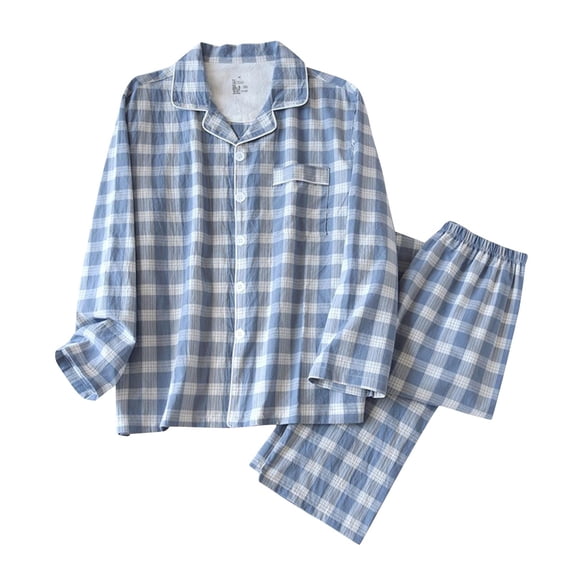 XUNKUSGA Mens Pajamas Sets 2 Pack Set Cotton Plaid Fall Pjs Long Sleeve Shirt Long Pants Pajama Set Soft Comfy Men's Sleepwear Casual Button Down Pjs Sets Blue