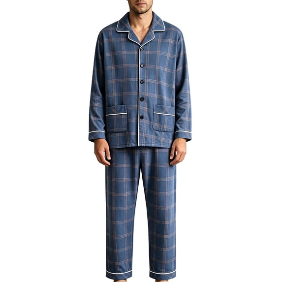 XUNKUSGA Mens Pajamas Sets Fashion Plaid Button Down Pjs Sets Soft Cotton Long Sleeve Shirt and Long Pants 2 Piece Pajamas for Men Casual Lightweight Sleepwear sets with Pockets,Size 3XL