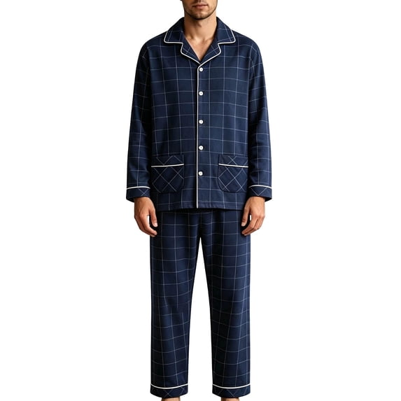XUNKUSGA Mens Pajamas Sets Fashion Plaid Button Down Pjs Sets Soft Cotton Long Sleeve Shirt and Long Pants 2 Piece Pajamas for Men Casual Lightweight Sleepwear sets with Pockets,Size L